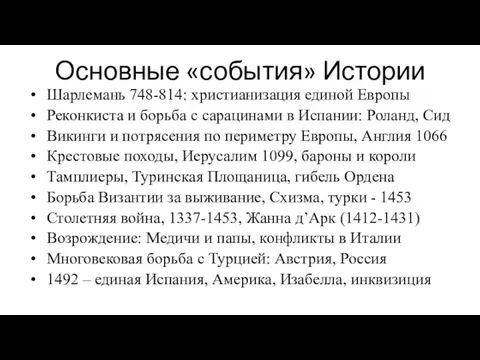 Основные «события» Истории Шарлемань 748-814: христианизация единой Европы Реконкиста и борьба