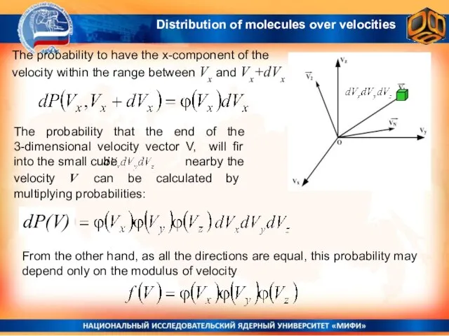 The probability that the end of the 3-dimensional velocity vector V,