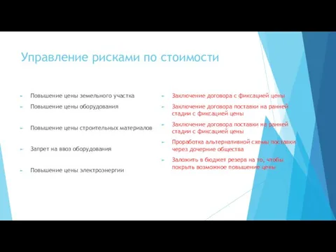 Управление рисками по стоимости Повышение цены земельного участка Повышение цены оборудования