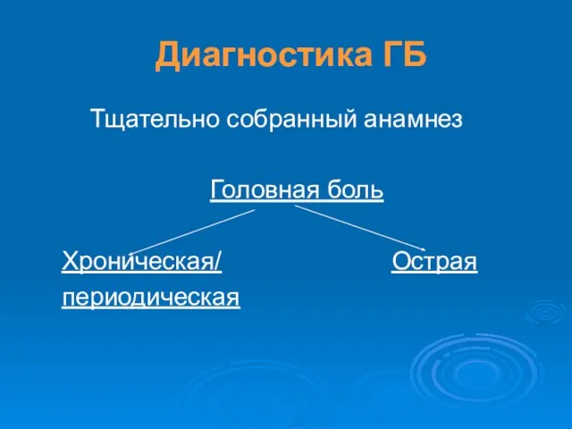 Диагностика ГБ Тщательно собранный анамнез Головная боль Хроническая/ Острая периодическая