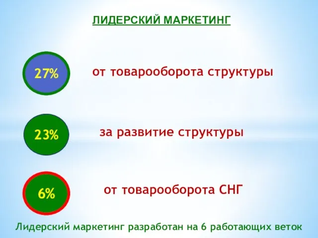 23% 6% от товарооборота СНГ за развитие структуры 27% от товарооборота