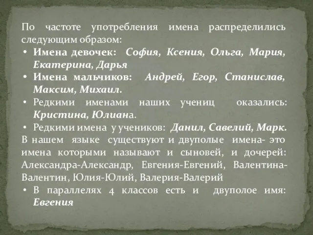 По частоте употребления имена распределились следующим образом: Имена девочек: София, Ксения,