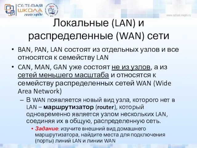 Локальные (LAN) и распределенные (WAN) сети BAN, PAN, LAN состоят из