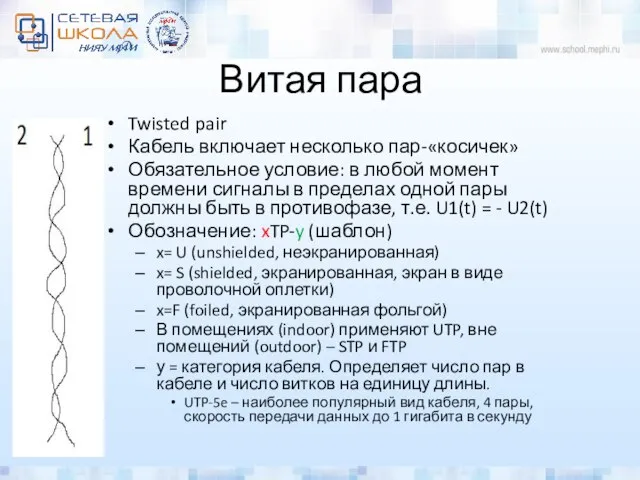 Витая пара Twisted pair Кабель включает несколько пар-«косичек» Обязательное условие: в