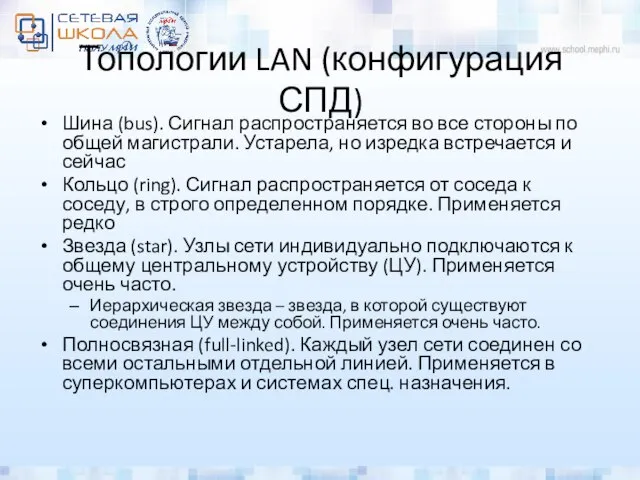 Топологии LAN (конфигурация СПД) Шина (bus). Сигнал распространяется во все стороны