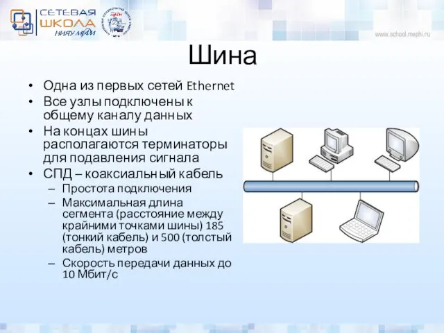 Шина Одна из первых сетей Ethernet Все узлы подключены к общему