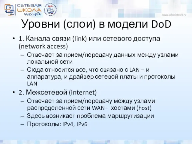 Уровни (слои) в модели DoD 1. Канала связи (link) или сетевого