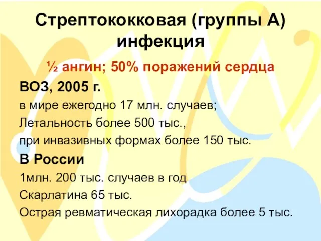 Стрептококковая (группы А) инфекция ½ ангин; 50% поражений сердца ВОЗ, 2005