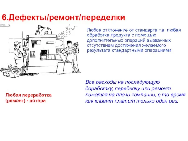 Любая переработка (ремонт) - потери 6.Дефекты/ремонт/переделки Любое отклонение от стандарта т.е.