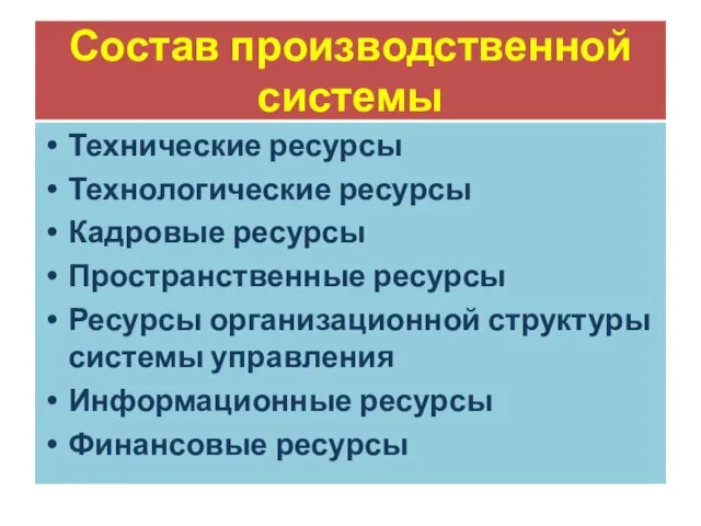 Состав производственной системы Технические ресурсы Технологические ресурсы Кадровые ресурсы Пространственные ресурсы