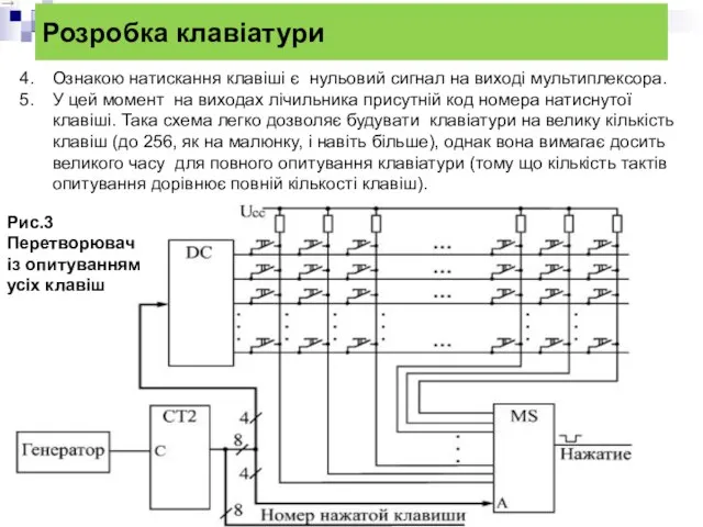 Розробка клавіатури Ознакою натискання клавіші є нульовий сигнал на виході мультиплексора.