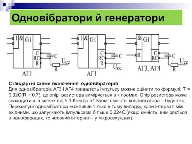 Одновібратори й генератори Стандартні схеми включення одновібраторів Для одновібраторів АГ3 і
