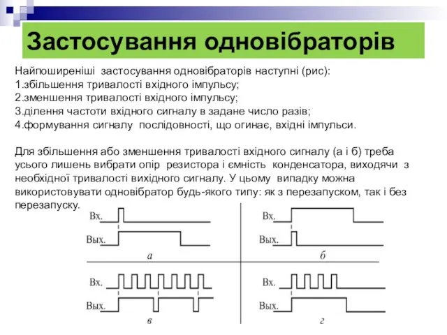 Застосування одновібраторів Найпоширеніші застосування одновібраторів наступні (рис): 1.збільшення тривалості вхідного імпульсу;