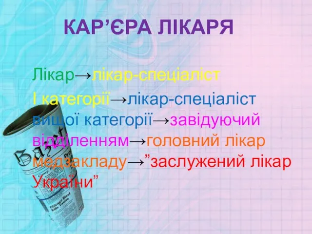 КАР’ЄРА ЛІКАРЯ Лікар→лікар-спеціаліст І категорії→лікар-спеціаліст вищої категорії→завідуючий відділенням→головний лікар медзакладу→”заслужений лікар України”