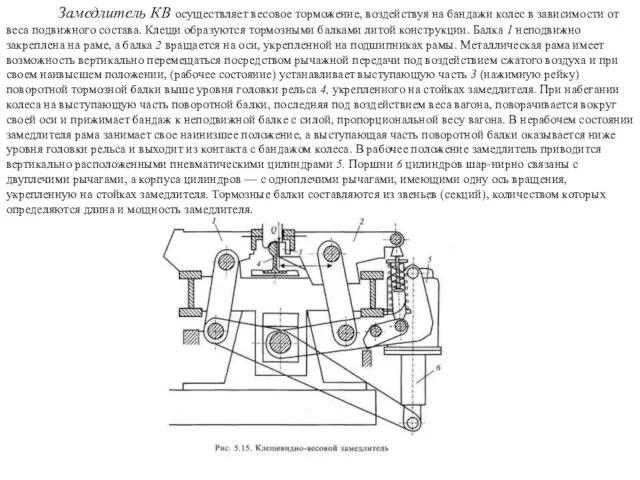 Замедлитель КВ осуществляет весовое торможе­ние, воздействуя на бандажи колес в зависимости