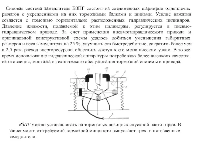 Силовая система замедлителя ВЗПГ состоит из соединенных шарни­ром одноплечих рычагов с
