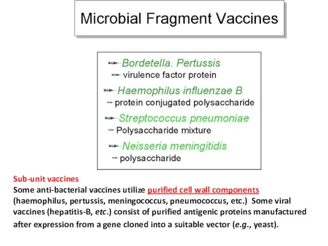 Sub-unit vaccines Some anti-bacterial vaccines utilize purified cell wall components (haemophilus,