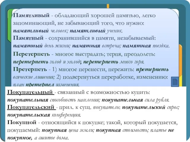 Памятливый - обладающий хорошей памятью, легко запоминающий, не забывающий того, что