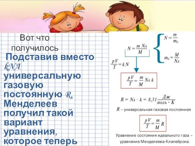 Вот что получилось Подставив вместо kNA универсальную газовую постоянную R, Менделеев