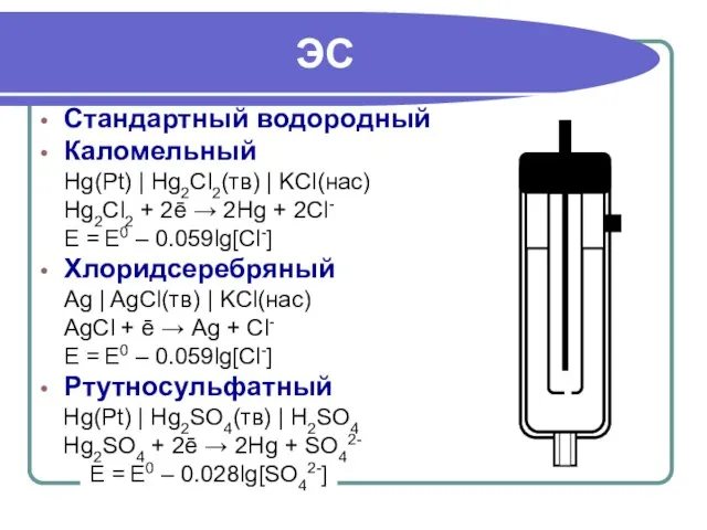 ЭС Стандартный водородный Каломельный Hg(Pt) | Hg2Cl2(тв) | KCl(нас) Hg2Cl2 +