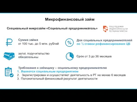 Микрофинансовый займ Требования к заёмщику – социальному предпринимателю Является социальным предприятием