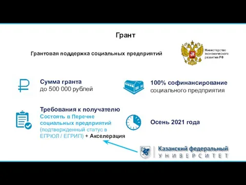 Грант Грантовая поддержка социальных предприятий Требования к получателю Состоять в Перечне