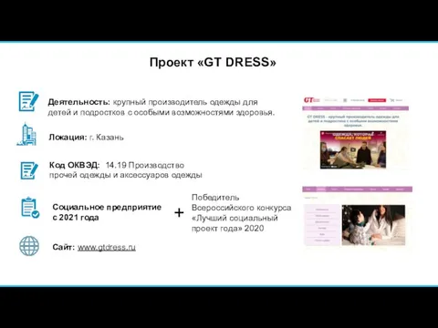 Проект «GT DRESS» Код ОКВЭД: 14.19 Производство прочей одежды и аксессуаров