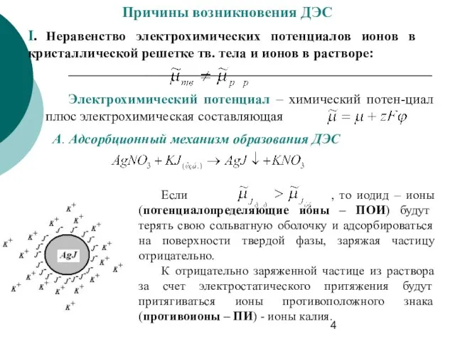 Причины возникновения ДЭС I. Неравенство электрохимических потенциалов ионов в кристаллической решетке