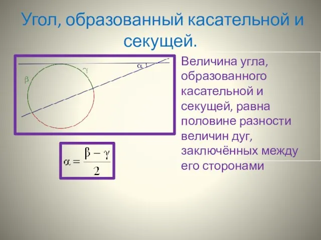 Угол, образованный касательной и секущей. Величина угла, образованного касательной и секущей,