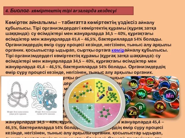 4. Биолог- көміртектің тірі ағзаларда кездесуі Көміртек айналымы – табиғатта көміртектің