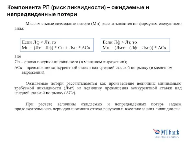 Компонента РЛ (риск ликвидности) – ожидаемые и непредвиденные потери Максимальные возможные