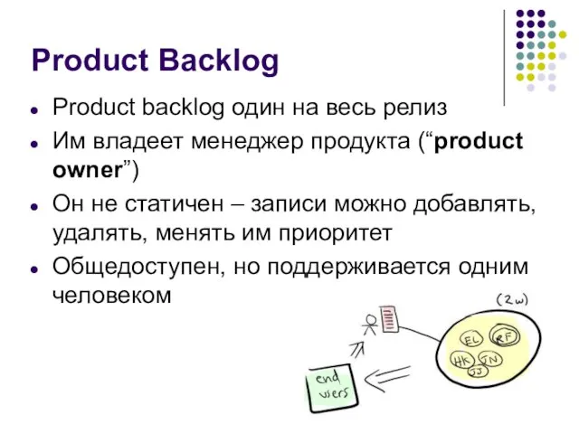 Product Backlog Product backlog один на весь релиз Им владеет менеджер