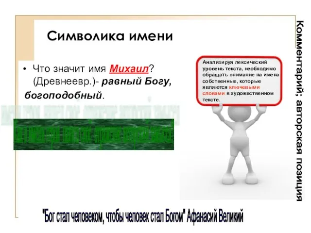 Символика имени Что значит имя Михаил? (Древнеевр.)- равный Богу, богоподобный. Как