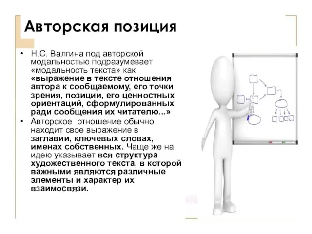 Авторская позиция Н.С. Валгина под авторской модальностью подразумевает «модальность текста» как