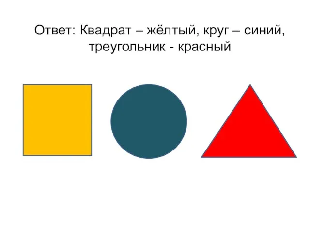 Ответ: Квадрат – жёлтый, круг – синий, треугольник - красный