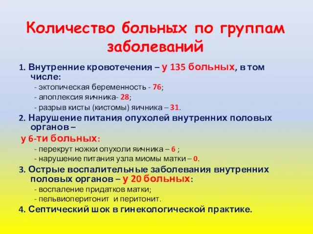 Количество больных по группам заболеваний 1. Внутренние кровотечения – у 135