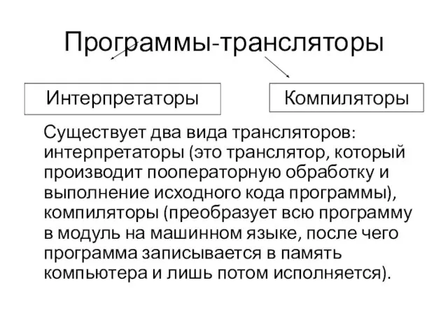 Программы-трансляторы Существует два вида трансляторов: интерпретаторы (это транслятор, который производит пооператорную