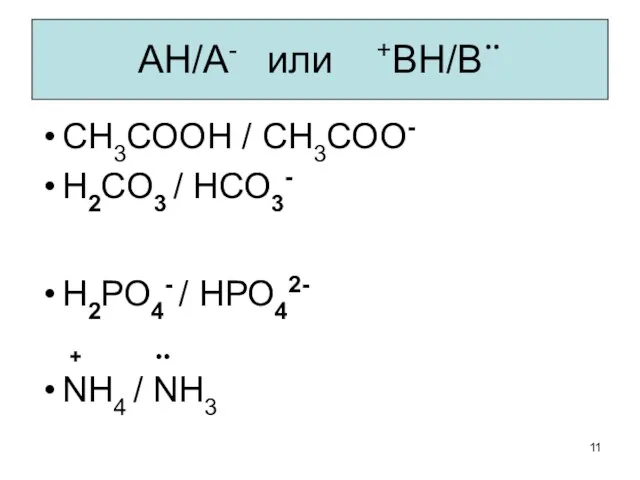 СН3СООН / СН3СОО- Н2СО3 / НСО3- Н2РО4- / НРО42- NН4 / NН3 АН/А- или +ВН/В¨