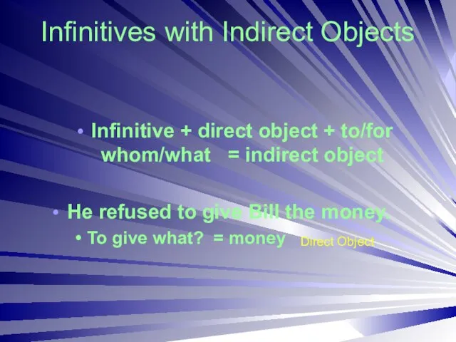 Infinitives with Indirect Objects Infinitive + direct object + to/for whom/what