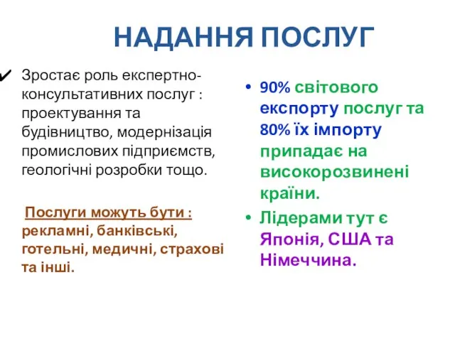 НАДАННЯ ПОСЛУГ Зростає роль експертно-консультативних послуг : проектування та будівництво, модернізація