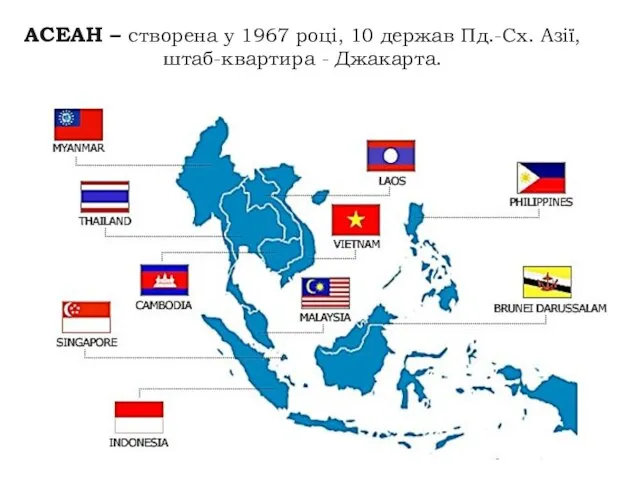 АСЕАН – створена у 1967 році, 10 держав Пд.-Сх. Азії, штаб-квартира - Джакарта.