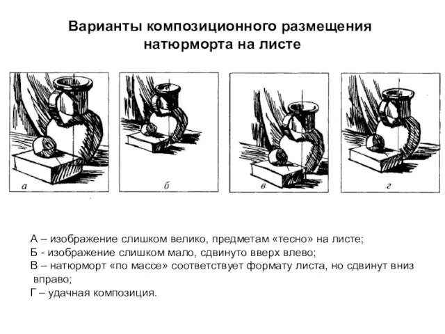 Варианты композиционного размещения натюрморта на листе А – изображение слишком велико,