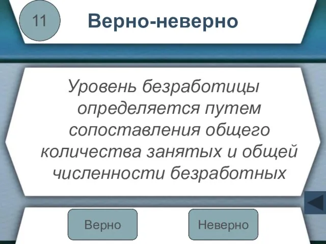 Верно-неверно Уровень безработицы определяется путем сопоставления общего количества занятых и общей численности безработных 11 Неверно Верно