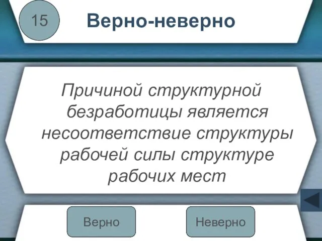 Верно-неверно Причиной структурной безработицы является несоответствие структуры рабочей силы структуре рабочих мест 15 Неверно Верно