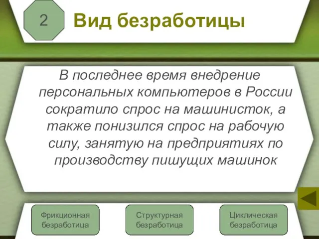 Вид безработицы В последнее время внедрение персональных компьютеров в России сократило