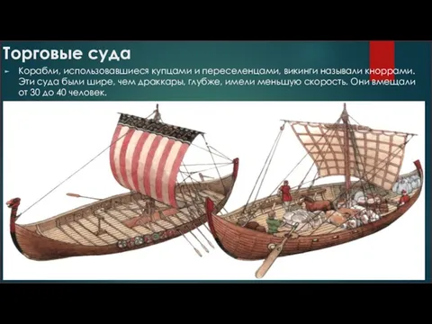 Торговые суда Корабли, использовавшиеся купцами и переселенцами, викинги называли кноррами. Эти