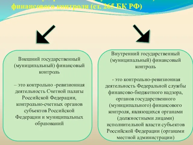 Виды государственного (муниципального) финансового контроля (ст. 265 БК РФ) Внешний государственный