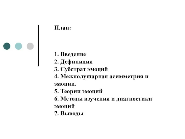 План: 1. Введение 2. Дефиниция 3. Субстрат эмоций 4. Межполушарная асимметрия