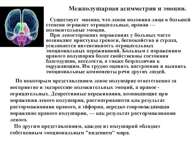 Межполушарная асимметрия и эмоции. Существует мнение, что левая половина лица в