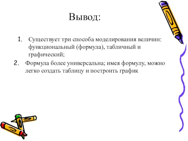 Вывод: Существует три способа моделирования величин: функциональный (формула), табличный и графический;